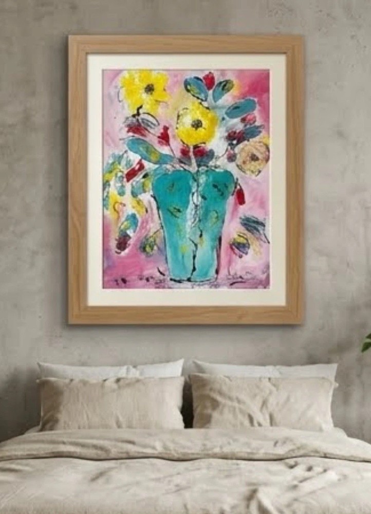 Original Abstract Floral Teal and Yellow Painting – Acrylic on Canvas Art 9×12