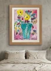 Original Abstract Floral Teal and Yellow Painting – Acrylic on Canvas Art 9×12