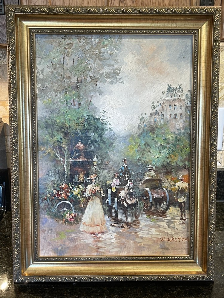Johnny Gaston City Scene W/Carriges Oil Painting Framed Signed ￼15 1/4x 20 1/4 T