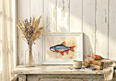 Original Watercolor Painting Fish Roach Framed Art Gift for Fisherman Lake Decor