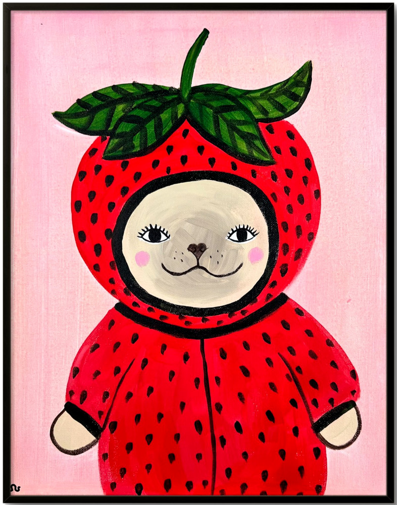 Dog in Strawberry Costume Painting, Whimsical Dog Art 11×14