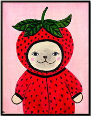 Dog in Strawberry Costume Painting, Whimsical Dog Art 11×14