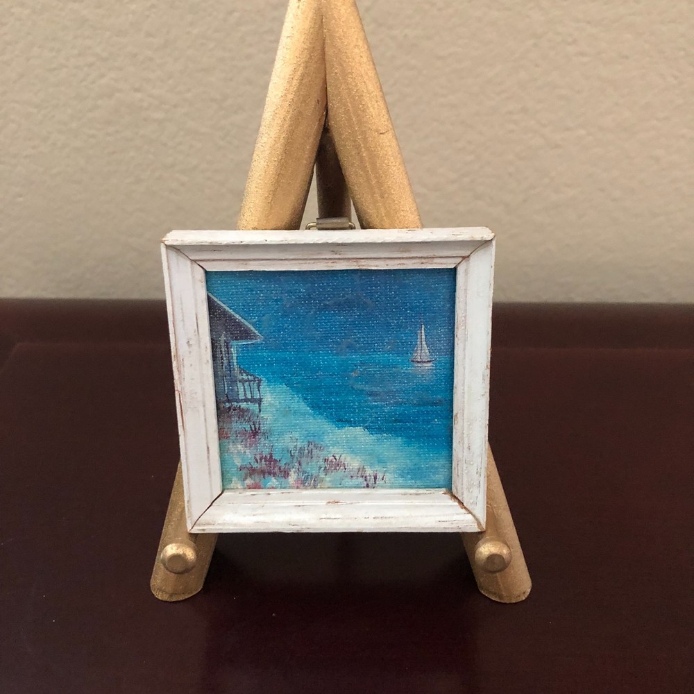 Vintage Handpainted Beach Scene Small on Wood Frame Sail Boat
