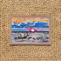 Sunset Seascape Painting Boat Ocean Original Art Colorful Coastal Wall Decor 6×8