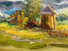Oil painting Carpathian village Ukrainian painter Cardboard original landscape