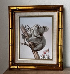 VTG Framed Koala Lithograph Art Print Signed C Carson Wood Linen Matte 12 x 14