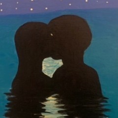 Romantic Silhouette Couple Moonlight Modern Painting Night Sky Stars Water