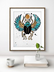TITA PAINTZ Egyptian Beetle Gold Teal Original Abstract Painting 9×12 Wall Art