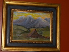 ORIGINAL Cabin Barn Mountain Landscape Blooming Trees Vintage Canvas Painting