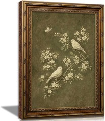 Vintage Gold Framed Bird Wall Art, White Flowers Botanical Oil Painting Canvas P