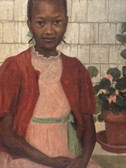 ANTIQUE PAINTING BLACK GIRL YOUNG WOMAN AFRICAN AMERICAN OIL SIGNED RUTH 24 INCH