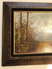 Vintage oil on canvas serene autumn forest scene mountains pond signed J Medina