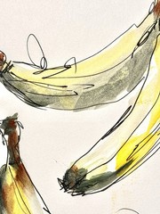 Original Abstract Expressionism 9X12 Three Bananas Paper Ink Handmade Signed 15