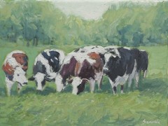 Sean Wu. Landscape, 16×12 original oil on stretched canvas, Cows