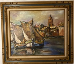 Original Oil on Canvas Panel-Boats & Harbor Scene-Signed-Finely Framed 31” x 28″