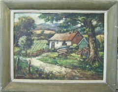 ORIG FINE ART SIGNED AMERICAN COUNTRY SCENE OIL PAINTING 1950s – SIMPLE LIFE