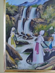 Caribbean Folk Art Oil Painting of women in a mountain stream signed Miro