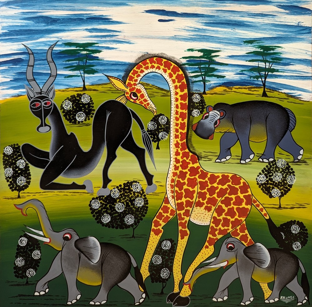KOLUMBA’s INFANT ELEPHANTS Giraffe, Hippo and Gazelle Classic Tingatinga 2’by2′