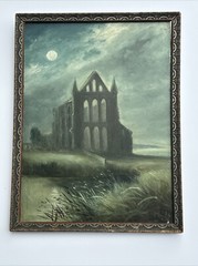 ANTIQUE PAINTING YORKSHIRE ENGLAND MOONLIT NIGHT TIME SIGNED 19TH CENTURY 1880’S