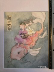 7.5″ X 9.5″ Signed Watercolor Art Featuring Koi Fish “ Goddess Of The Carp“ New