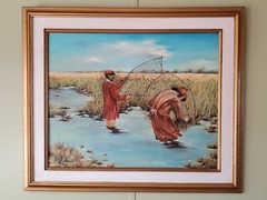 Original Medium Large Oil Painting Canvas Board Polish Fishing 1974 Soroczan