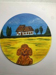 MINI ROUND CANVAS PAINTING ON 6 INCHES WOODBOARD DOG LANDSCAPE VILLAGE FARM
