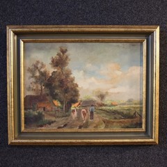 Flemish painting signed artwork oil on canvas bucolic landscape 20th century