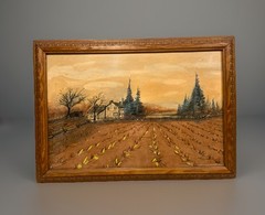 Vintage 1976 Original Signed Homestead Landscape 13×20” Framed Charcoal Artwork