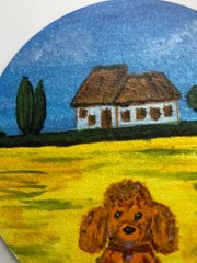 MINI ROUND CANVAS PAINTING ON 6 INCHES WOODBOARD DOG LANDSCAPE VILLAGE FARM
