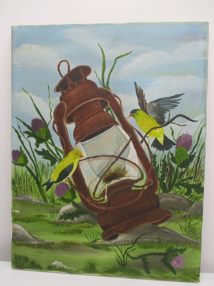 Original Oil Painting Yellow Birds (Goldfinch) With Lantern 18 1/4″ x 13 3/4″