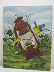 Original Oil Painting Yellow Birds (Goldfinch) With Lantern 18 1/4″ x 13 3/4″