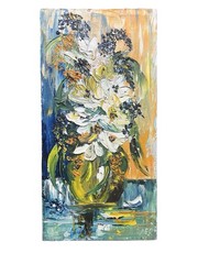 Vtg Palette Knife Impasto Impressionist Oil Painting Flowers Vase Signed 8″x16″