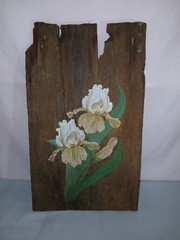 Hand Painted Art Iris Flowers On Reclaimed Wood Plank Signed Rustic 9.5″ X 16”
