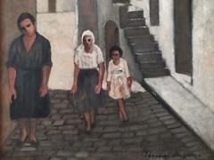 Post-War Realist Oil Painting signed Old Italian Village with Female Figures