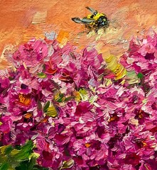 Original Oil Painting Impasto Geranium Honey Bee Flowers Blossom 6x6in Signed