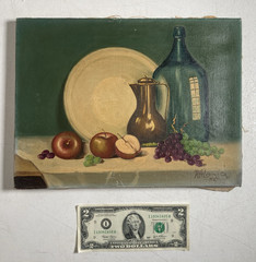 Vintage Original Oil Painting Still Life Fruit Wine Grapes Signed 1971 9 X 12″