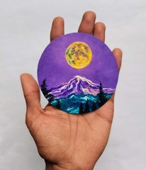 Original Miniature Acrylic Painting Vintage Art Purple Moonlight Signed ATC