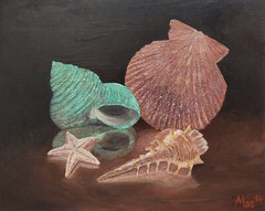 Seashells Still life Original Oil Painting on Thick MDF Board 8x10x0.25in Signed
