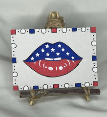 ACEO “American Kiss” Patriotic Lips White Red Blue Original Signed OOAK