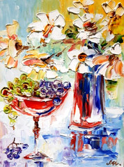 Oil painting 6×8″ Still life. White flowers in a vase. Fruits in a wine glass.