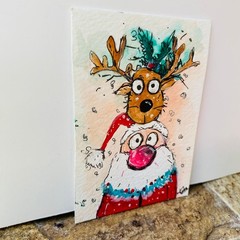 ACEO funny Cute Santa & Reindeer Christmas Acrylic Painting festive Art card NEW