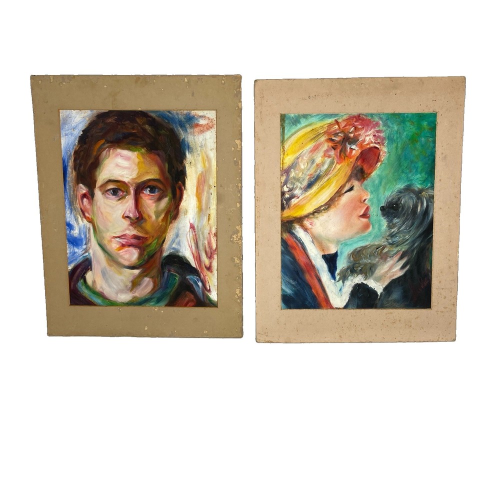 Lot Of 2 Original Portraits Young Woman & Dog; Young Man Acrylic On Canvas 11×14