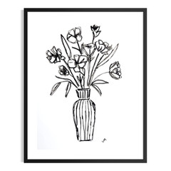Original Minimalist 9×12 Acrylic Painting Black White Flowers Wall Art Paper