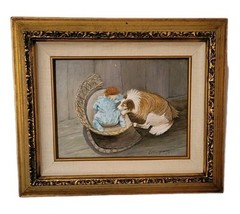 Vintage 1979 Oil Painting L. Mingerana Baby & Dog Scene In Ornate Gold Frame