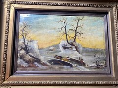 Large Antique „Winter Landscape With Figures Scene“ Oil Painting – Signed/Framed
