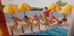RITA M.GOLDNER „FREESTYLE SENIOR OLYMPICS“ LARGE ORIGINAL OIL WOOD PAINTING