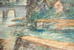 Antique English Painting of Medieval Stone Castle Ruins at Sunset, Framed White