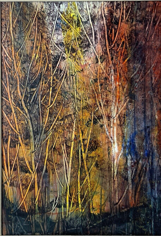 Jack Prasad original acrylic painting „Forest in Autumn“ mat opening 4.5″ x 6.5″