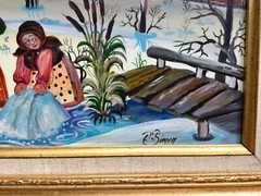 Great primitive Eastern European painting By Edith Simon on Masonite Board.
