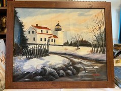 16 x 20 Framed Original Oil Painting on Canvas Paper…..“ Winter Lighthouse“